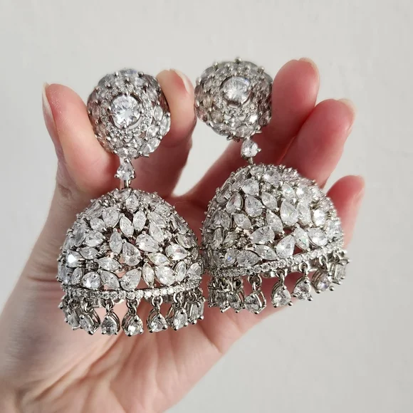 Silver Revolving Jhumka Large dangle earrings - Picture 3 of 5